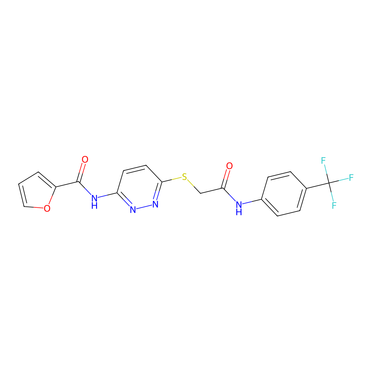 N-(6-((2-oxo-2-((4-(trifluoromethyl)phenyl)amino)ethyl)thio)pyridazin-3-yl)furan-2-carboxamide molecular structure, CAS 1021106-85-3