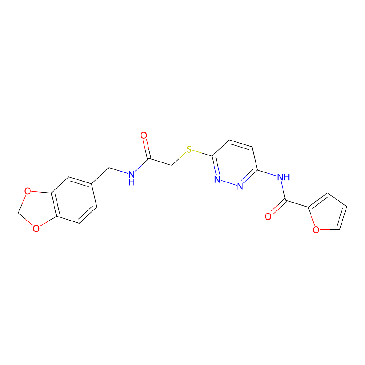 N-(6-((2-((benzo[d][1,3]dioxol-5-ylmethyl)amino)-2-oxoethyl)thio)pyridazin-3-yl)furan-2-carboxamide molecular structure, CAS 1021106-94-4
