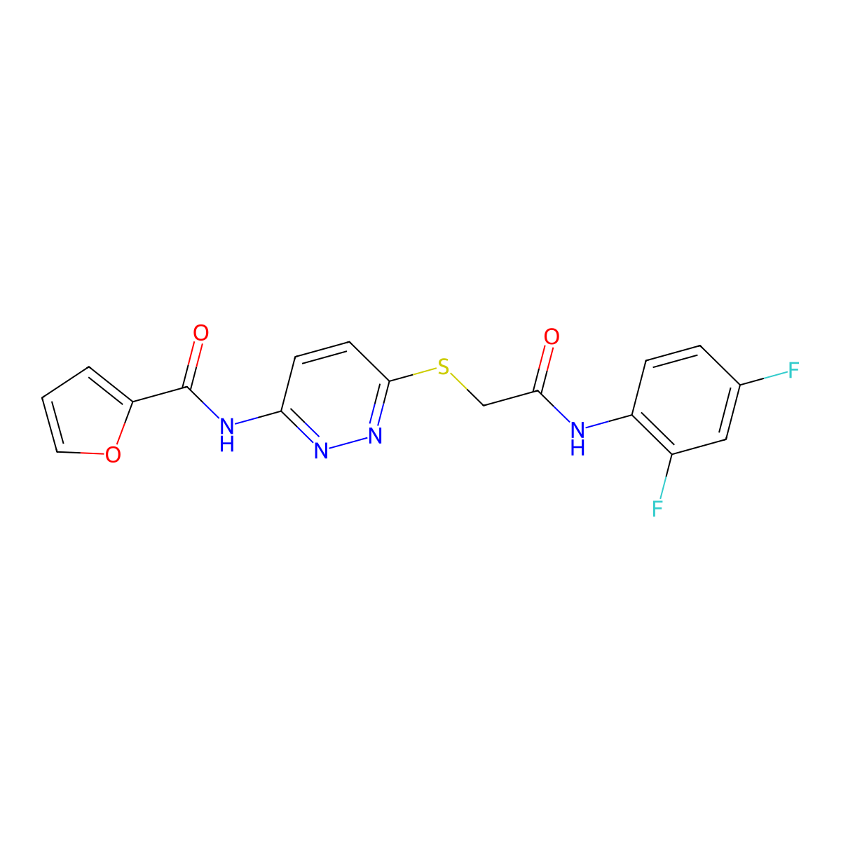 N-(6-((2-((2,4-difluorophenyl)amino)-2-oxoethyl)thio)pyridazin-3-yl)furan-2-carboxamide molecular structure, CAS 1021107-07-2