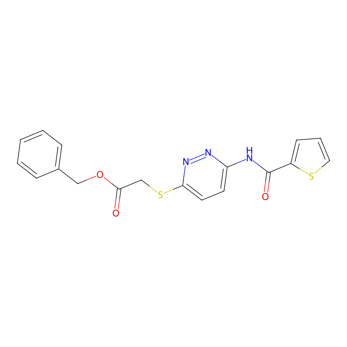 Benzyl 2-((6-(thiophene-2-carboxamido)pyridazin-3-yl)thio)acetate molecular structure, CAS 1021107-25-4