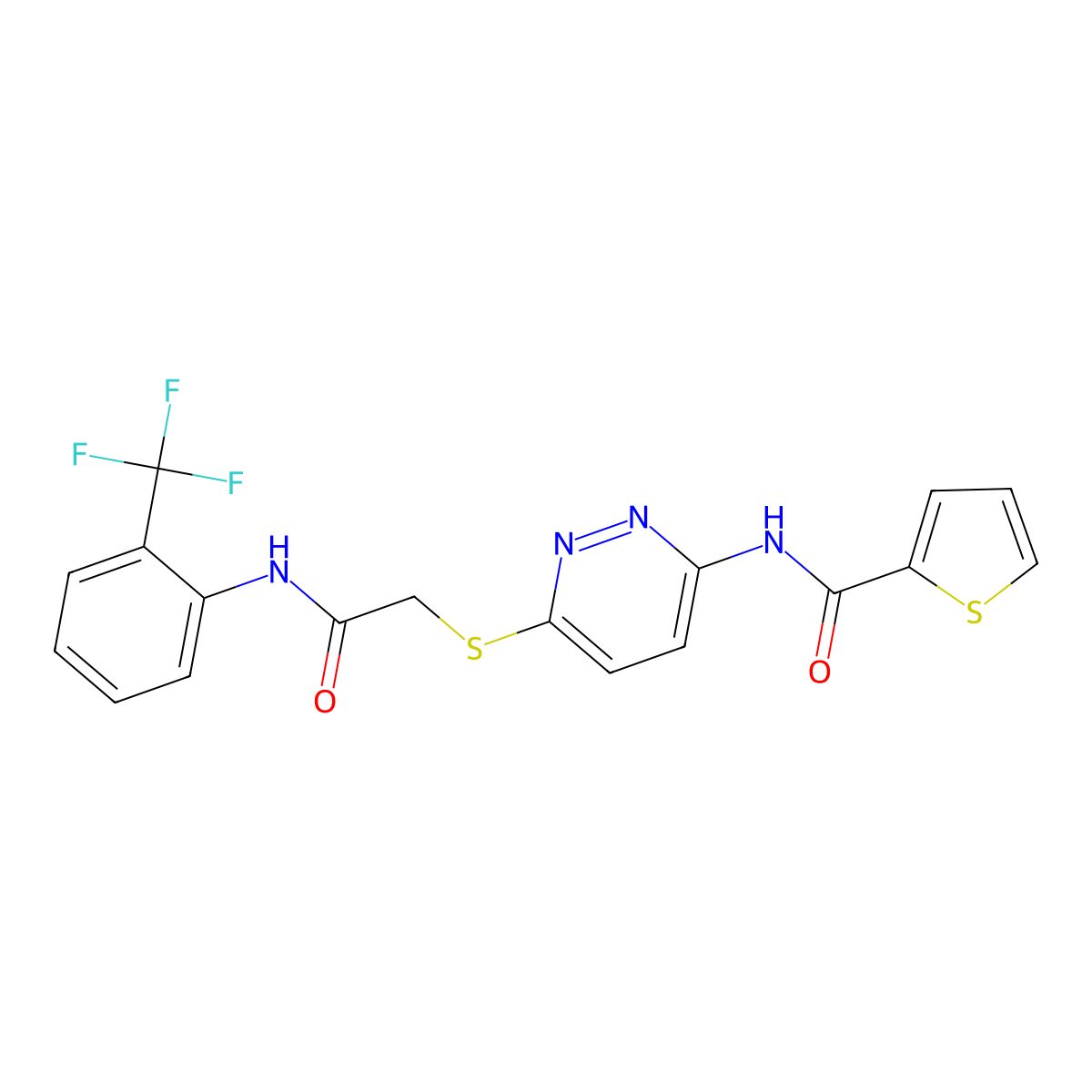 N-(6-((2-oxo-2-((2-(trifluoromethyl)phenyl)amino)ethyl)thio)pyridazin-3-yl)thiophene-2-carboxamide molecular structure, CAS 1021107-28-7