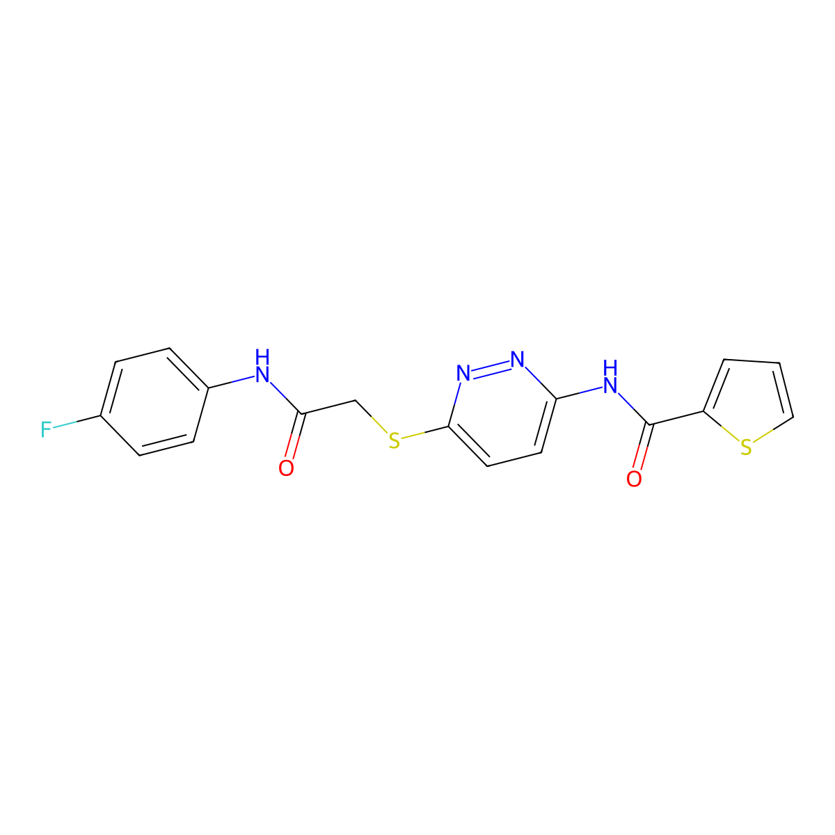 N-(6-((2-((4-fluorophenyl)amino)-2-oxoethyl)thio)pyridazin-3-yl)thiophene-2-carboxamide molecular structure, CAS 1021107-39-0