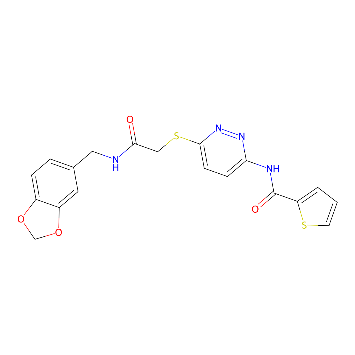 N-(6-((2-((benzo[d][1,3]dioxol-5-ylmethyl)amino)-2-oxoethyl)thio)pyridazin-3-yl)thiophene-2-carboxamide molecular structure, CAS 1021107-43-6