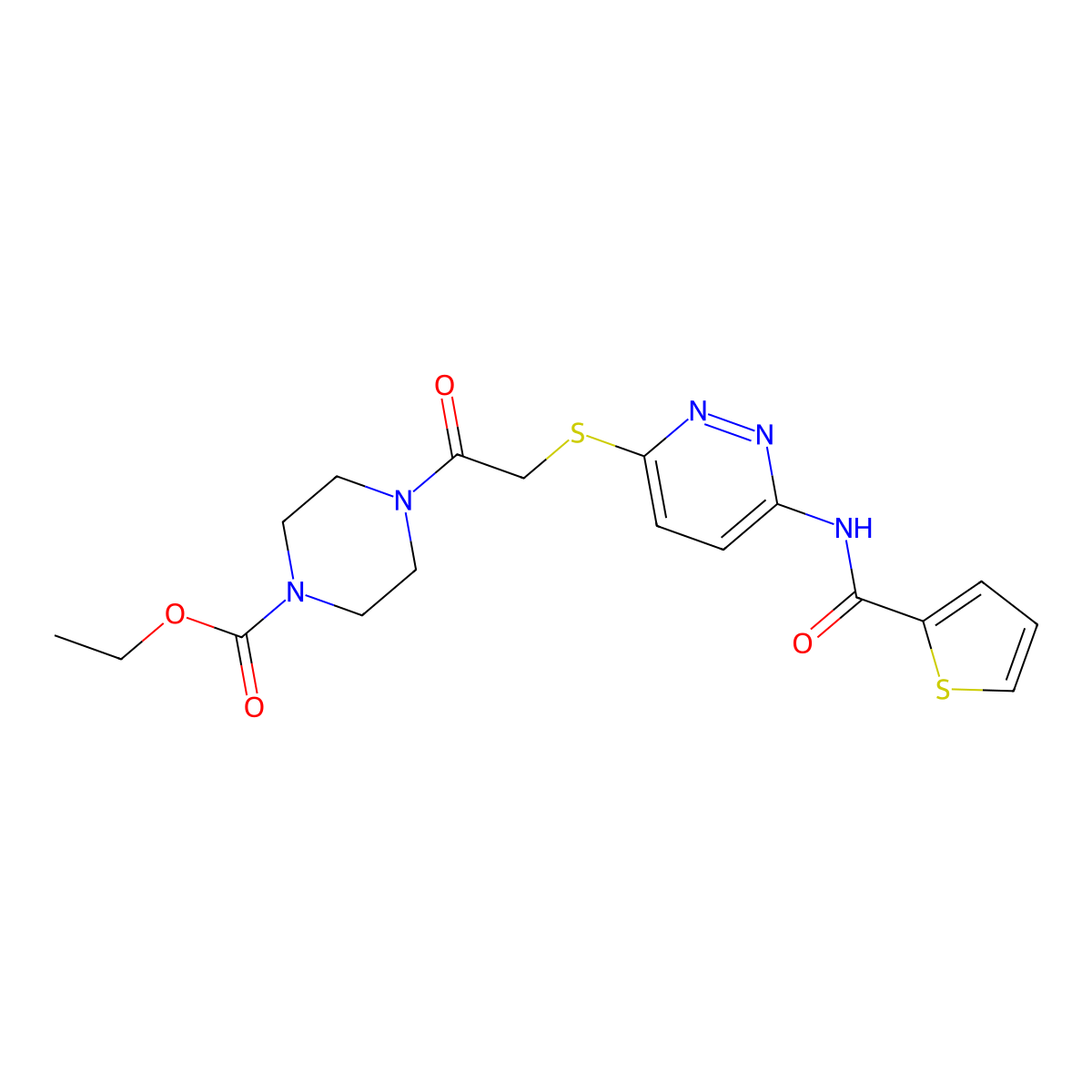 Ethyl 4-(2-((6-(thiophene-2-carboxamido)pyridazin-3-yl)thio)acetyl)piperazine-1-carboxylate molecular structure, CAS 1021107-46-9