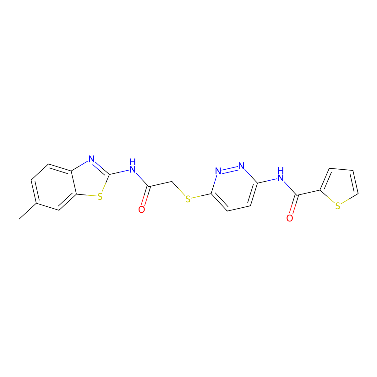 N-(6-((2-((6-methylbenzo[d]thiazol-2-yl)amino)-2-oxoethyl)thio)pyridazin-3-yl)thiophene-2-carboxamide molecular structure, CAS 1021107-54-9