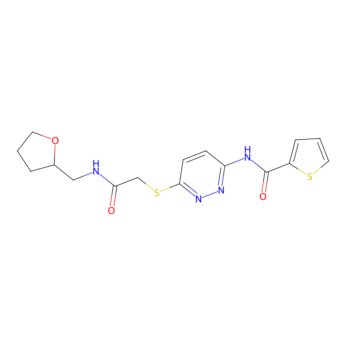 N-(6-((2-oxo-2-(((tetrahydrofuran-2-yl)methyl)amino)ethyl)thio)pyridazin-3-yl)thiophene-2-carboxamide molecular structure, CAS 1021107-58-3