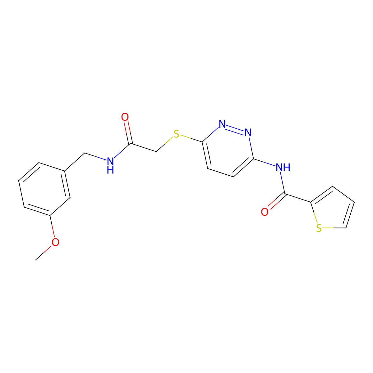N-(6-((2-((3-methoxybenzyl)amino)-2-oxoethyl)thio)pyridazin-3-yl)thiophene-2-carboxamide molecular structure, CAS 1021107-62-9
