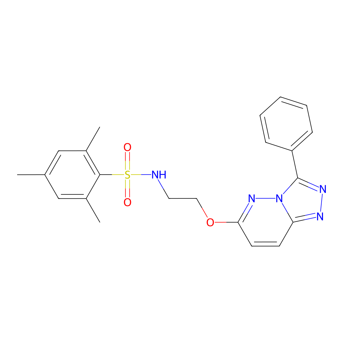2,4,6-trimethyl-N-(2-((3-phenyl-[1,2,4]triazolo[4,3-b]pyridazin-6-yl)oxy)ethyl)benzenesulfonamide molecular structure, CAS 1021112-01-5