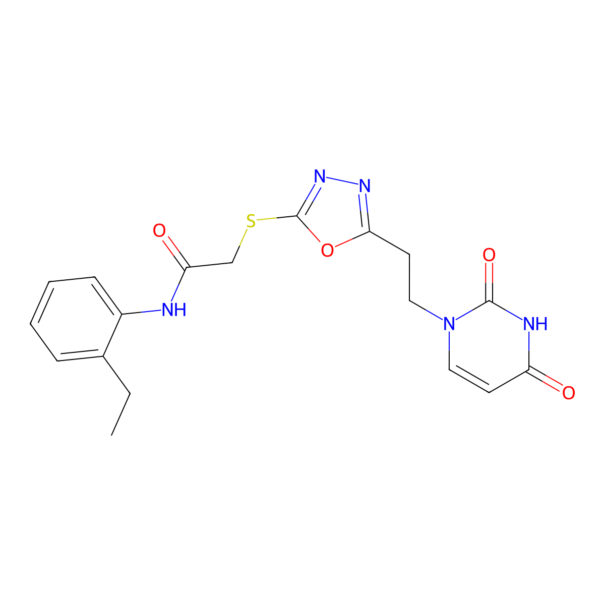 2-((5-(2-(2,4-dioxo-3,4-dihydropyrimidin-1(2H)-yl)ethyl)-1,3,4-oxadiazol-2-yl)thio)-N-(2-ethylphenyl)acetamide molecular structure, CAS 1021112-68-4