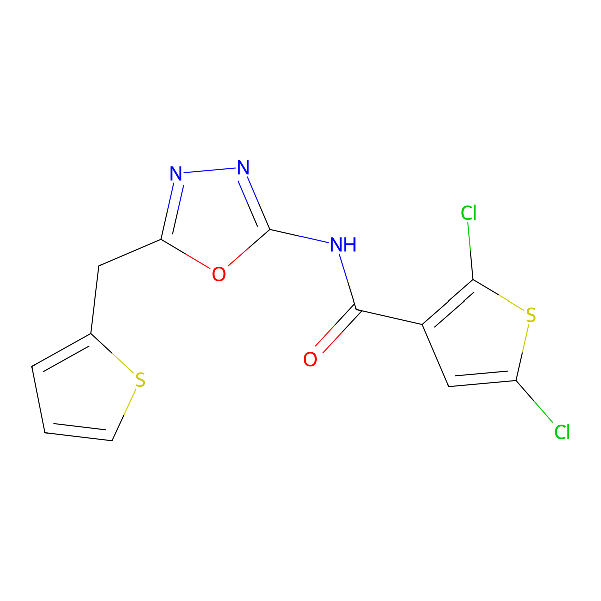 2,5-dichloro-N-(5-(thiophen-2-ylmethyl)-1,3,4-oxadiazol-2-yl)thiophene-3-carboxamide molecular structure, CAS 1021112-86-6