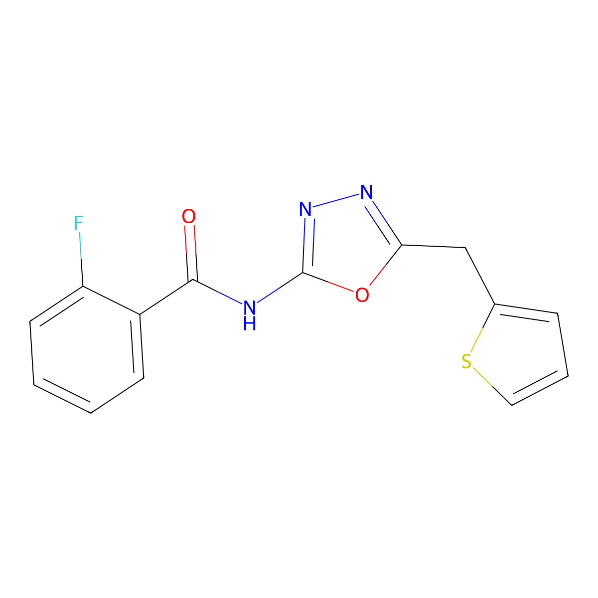 2-fluoro-N-(5-(thiophen-2-ylmethyl)-1,3,4-oxadiazol-2-yl)benzamide molecular structure, CAS 1021112-89-9