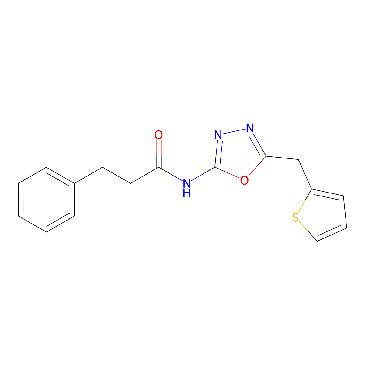 3-phenyl-N-(5-(thiophen-2-ylmethyl)-1,3,4-oxadiazol-2-yl)propanamide molecular structure, CAS 1021112-92-4