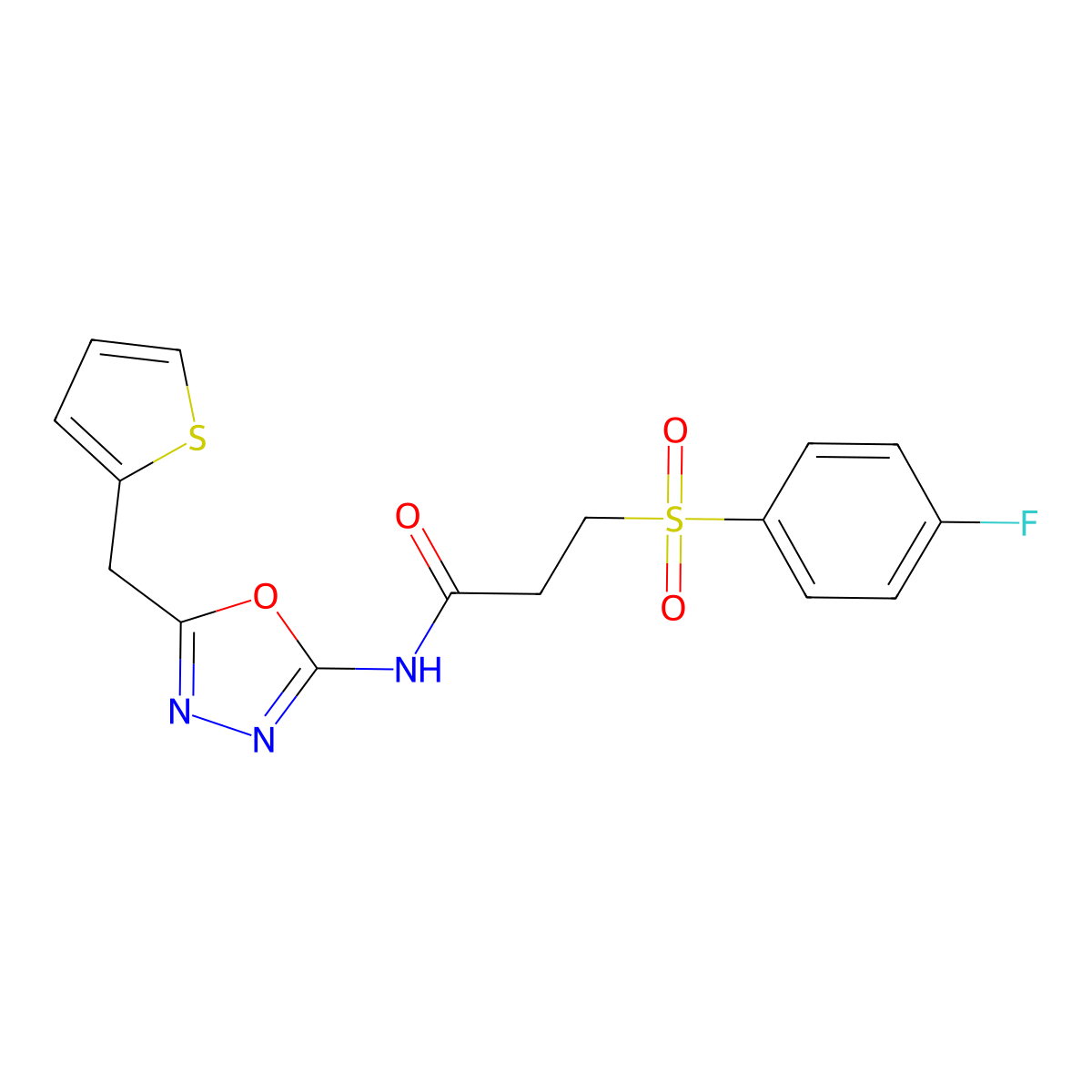 3-((4-fluorophenyl)sulfonyl)-N-(5-(thiophen-2-ylmethyl)-1,3,4-oxadiazol-2-yl)propanamide molecular structure, CAS 1021112-97-9