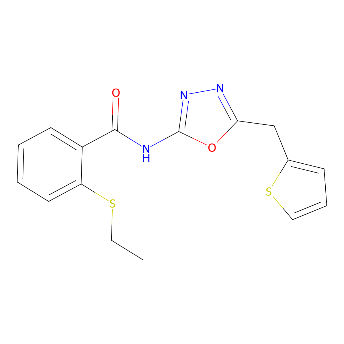 2-(ethylthio)-N-(5-(thiophen-2-ylmethyl)-1,3,4-oxadiazol-2-yl)benzamide molecular structure, CAS 1021113-00-7