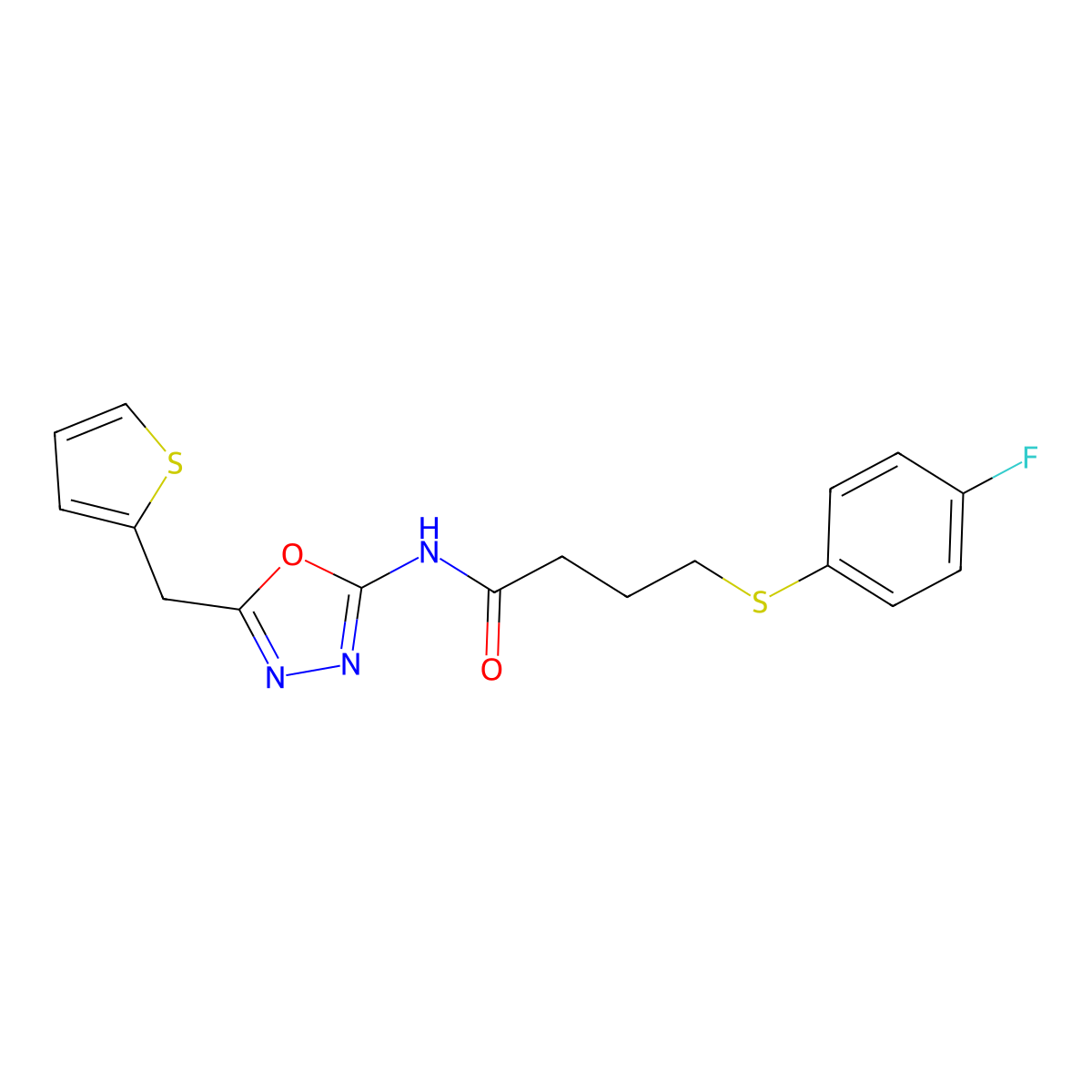 4-((4-fluorophenyl)thio)-N-(5-(thiophen-2-ylmethyl)-1,3,4-oxadiazol-2-yl)butanamide molecular structure, CAS 1021113-03-0