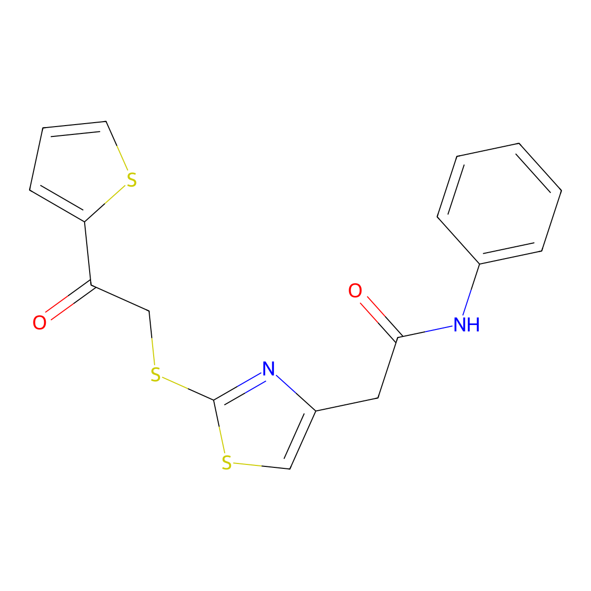 2-(2-((2-oxo-2-(thiophen-2-yl)ethyl)thio)thiazol-4-yl)-N-phenylacetamide molecular structure, CAS 1021113-52-9