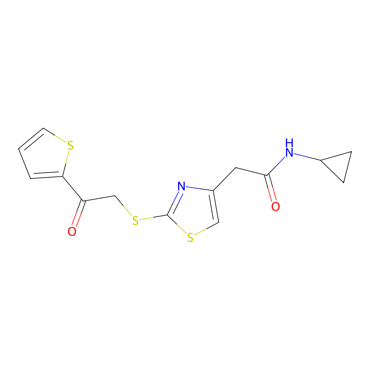 N-cyclopropyl-2-(2-((2-oxo-2-(thiophen-2-yl)ethyl)thio)thiazol-4-yl)acetamide molecular structure, CAS 1021113-61-0