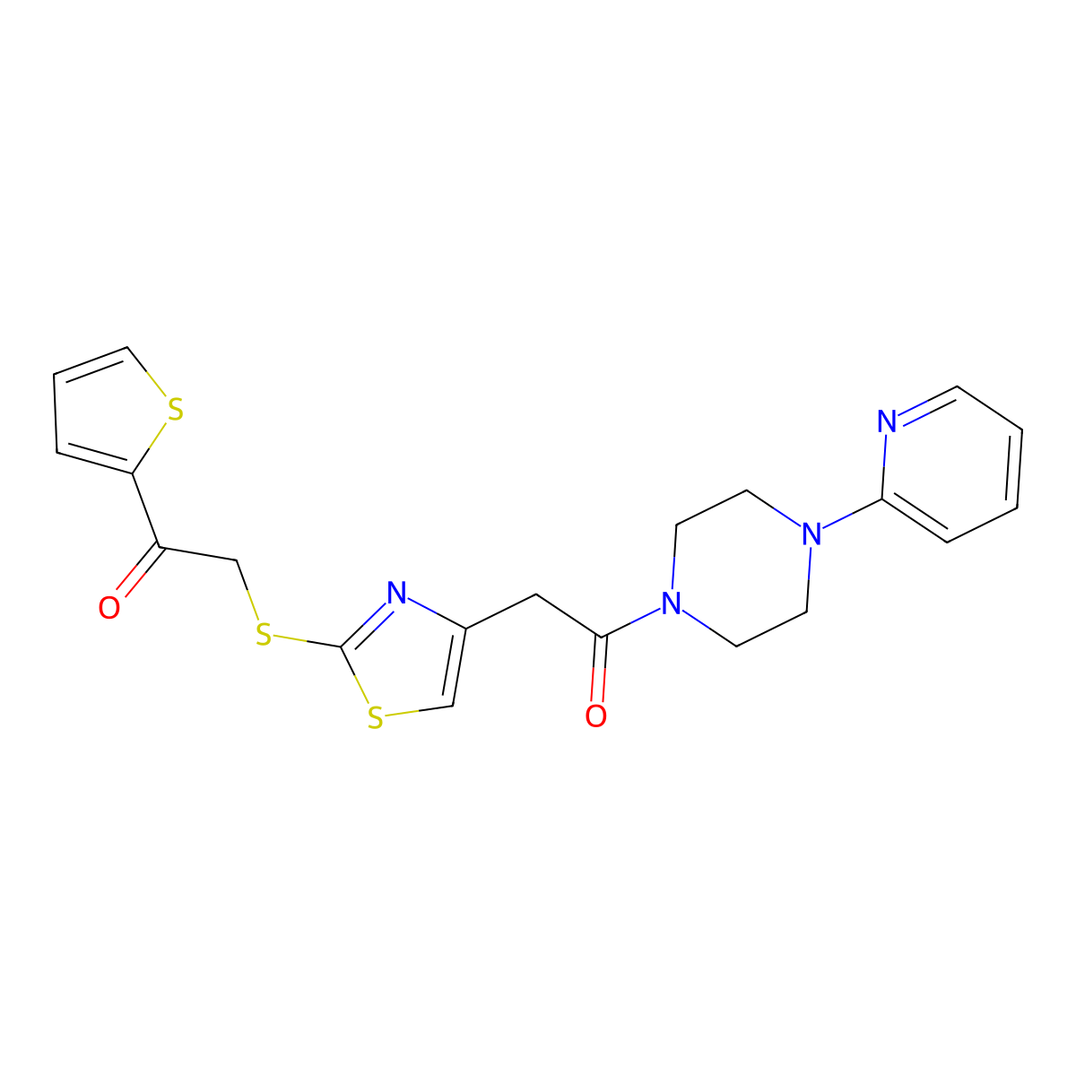 2-((4-(2-Oxo-2-(4-(pyridin-2-yl)piperazin-1-yl)ethyl)thiazol-2-yl)thio)-1-(thiophen-2-yl)ethanone molecular structure, CAS 1021113-64-3