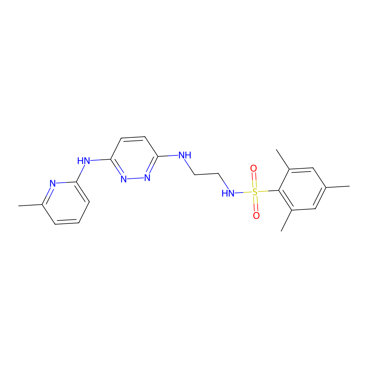 2,4,6-trimethyl-N-(2-((6-((6-methylpyridin-2-yl)amino)pyridazin-3-yl)amino)ethyl)benzenesulfonamide molecular structure, CAS 1021114-53-3