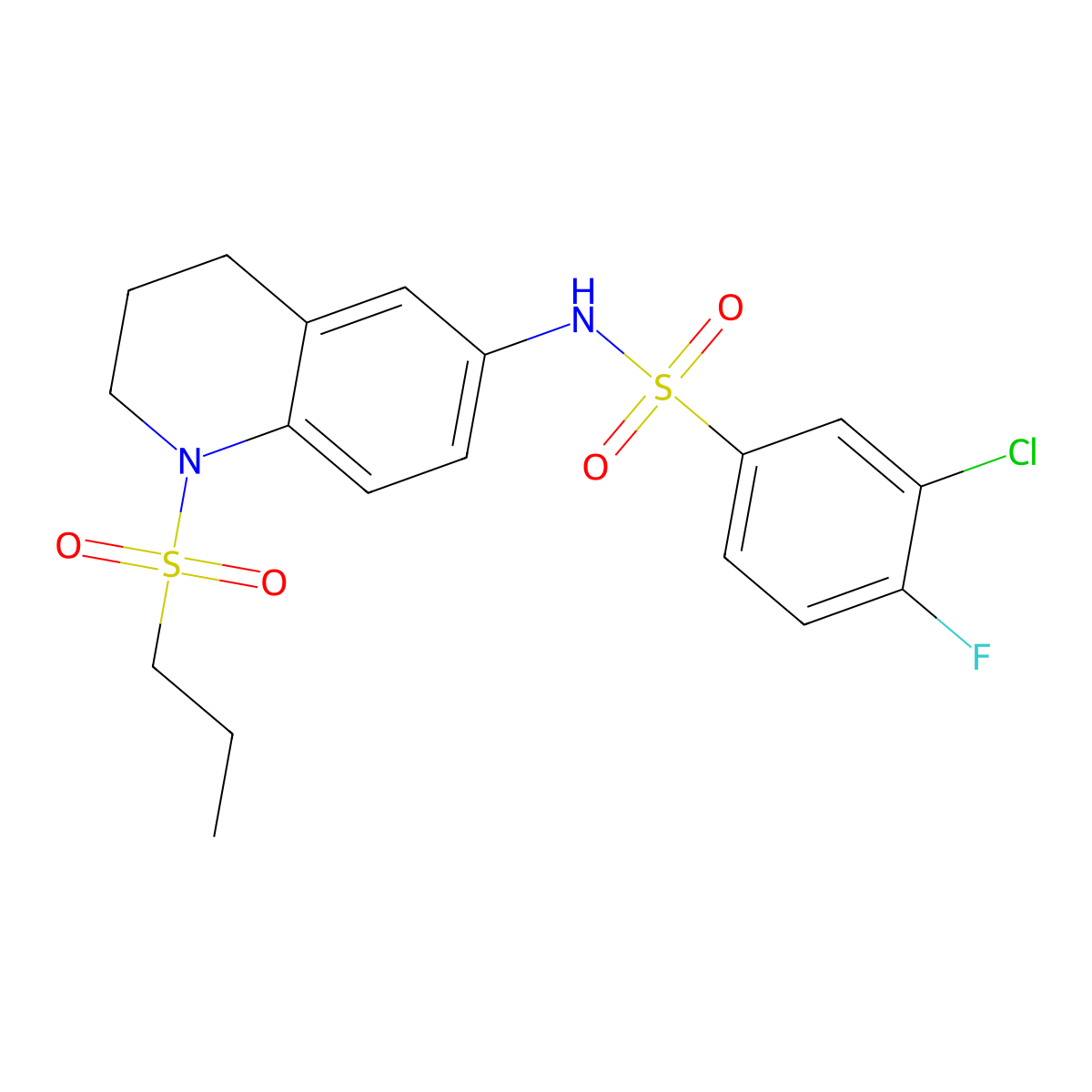3-chloro-4-fluoro-N-(1-(propylsulfonyl)-1,2,3,4-tetrahydroquinolin-6-yl)benzenesulfonamide molecular structure, CAS 1021117-17-8
