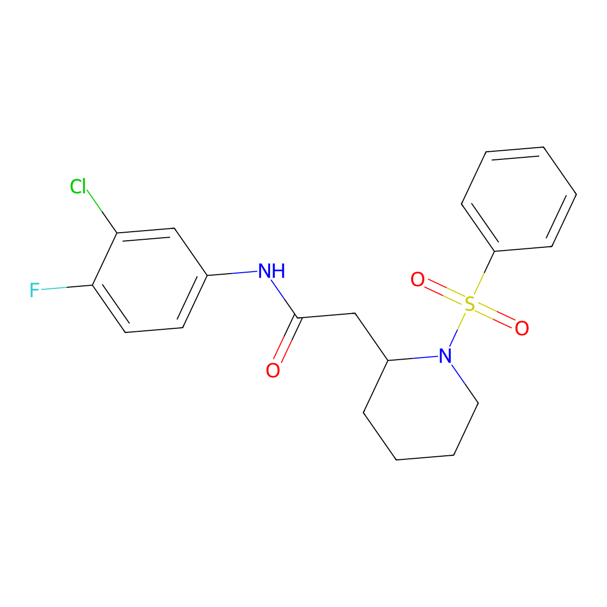 N-(3-chloro-4-fluorophenyl)-2-(1-(phenylsulfonyl)piperidin-2-yl)acetamide molecular structure, CAS 1021118-13-7