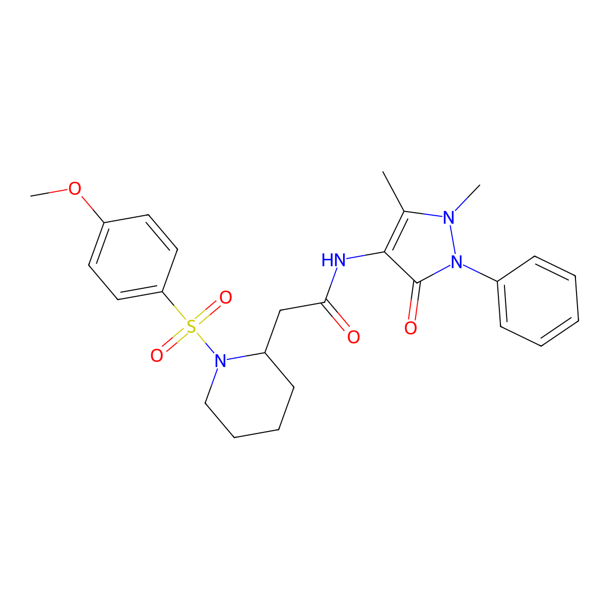 N-(1,5-dimethyl-3-oxo-2-phenyl-2,3-dihydro-1H-pyrazol-4-yl)-2-(1-((4-methoxyphenyl)sulfonyl)piperidin-2-yl)acetamide molecular structure, CAS 1021118-55-7