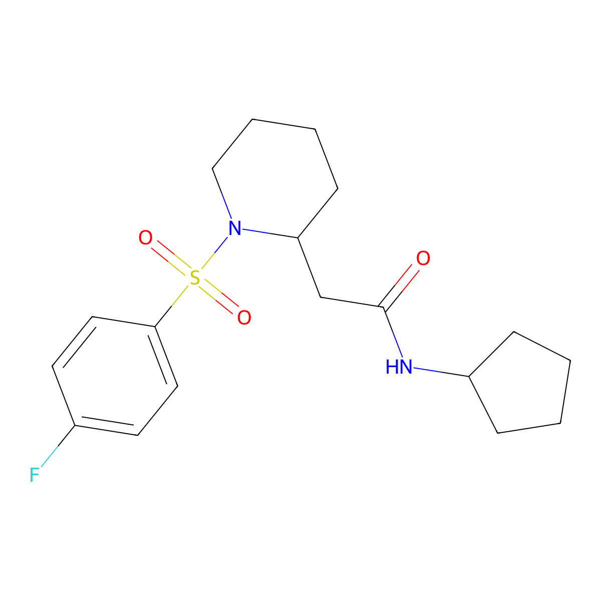 N-cyclopentyl-2-(1-((4-fluorophenyl)sulfonyl)piperidin-2-yl)acetamide molecular structure, CAS 1021118-58-0