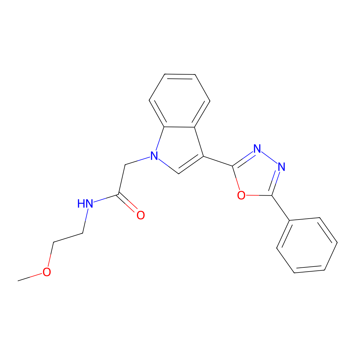 N-(2-methoxyethyl)-2-(3-(5-phenyl-1,3,4-oxadiazol-2-yl)-1H-indol-1-yl)acetamide molecular structure, CAS 1021118-67-1
