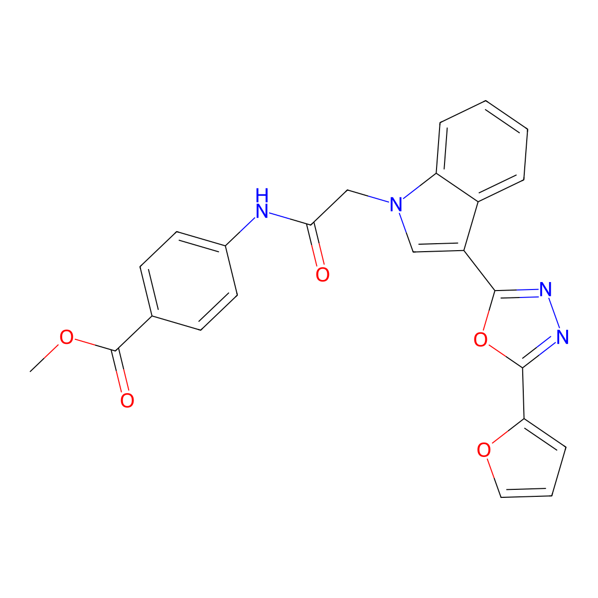 methyl 4-(2-(3-(5-(furan-2-yl)-1,3,4-oxadiazol-2-yl)-1H-indol-1-yl)acetamido)benzoate molecular structure, CAS 1021118-75-1