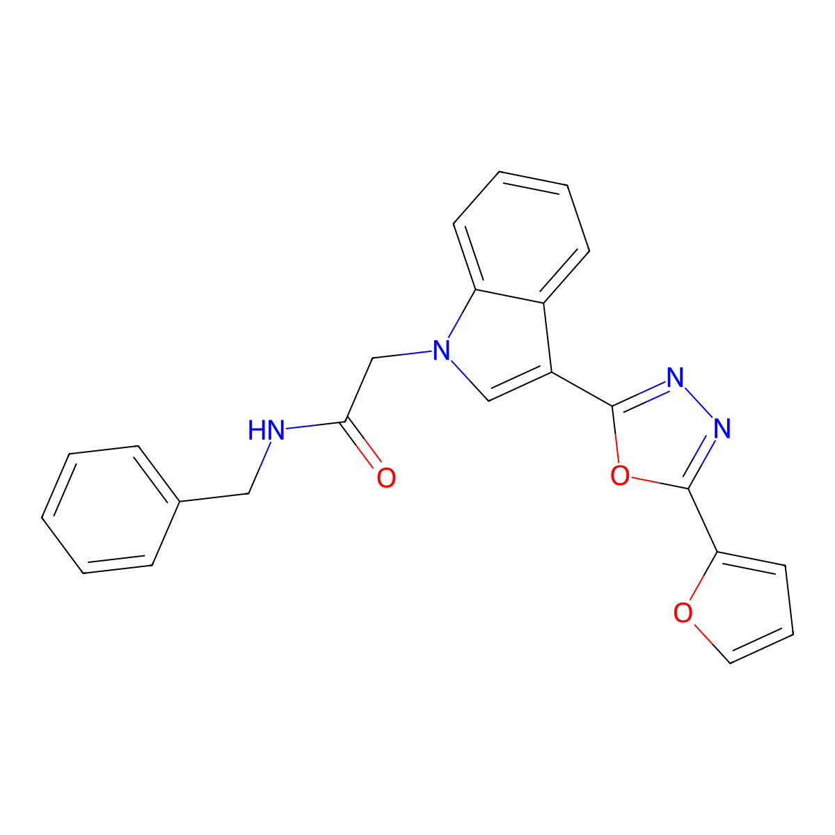 N-benzyl-2-(3-(5-(furan-2-yl)-1,3,4-oxadiazol-2-yl)-1H-indol-1-yl)acetamide molecular structure, CAS 1021118-79-5