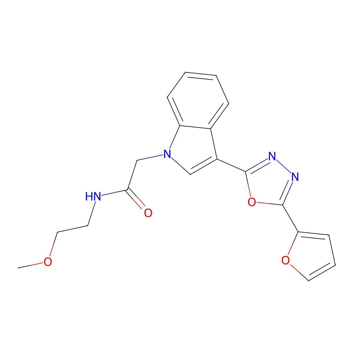 2-(3-(5-(furan-2-yl)-1,3,4-oxadiazol-2-yl)-1H-indol-1-yl)-N-(2-methoxyethyl)acetamide molecular structure, CAS 1021118-83-1