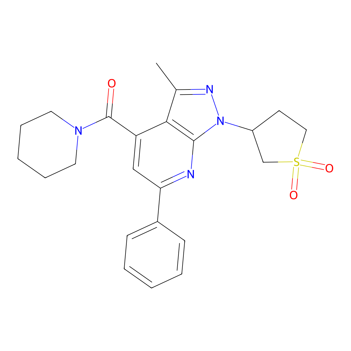 (1-(1,1-dioxidotetrahydrothiophen-3-yl)-3-methyl-6-phenyl-1H-pyrazolo[3,4-b]pyridin-4-yl)(piperidin-1-yl)methanone molecular structure, CAS 1021119-11-8