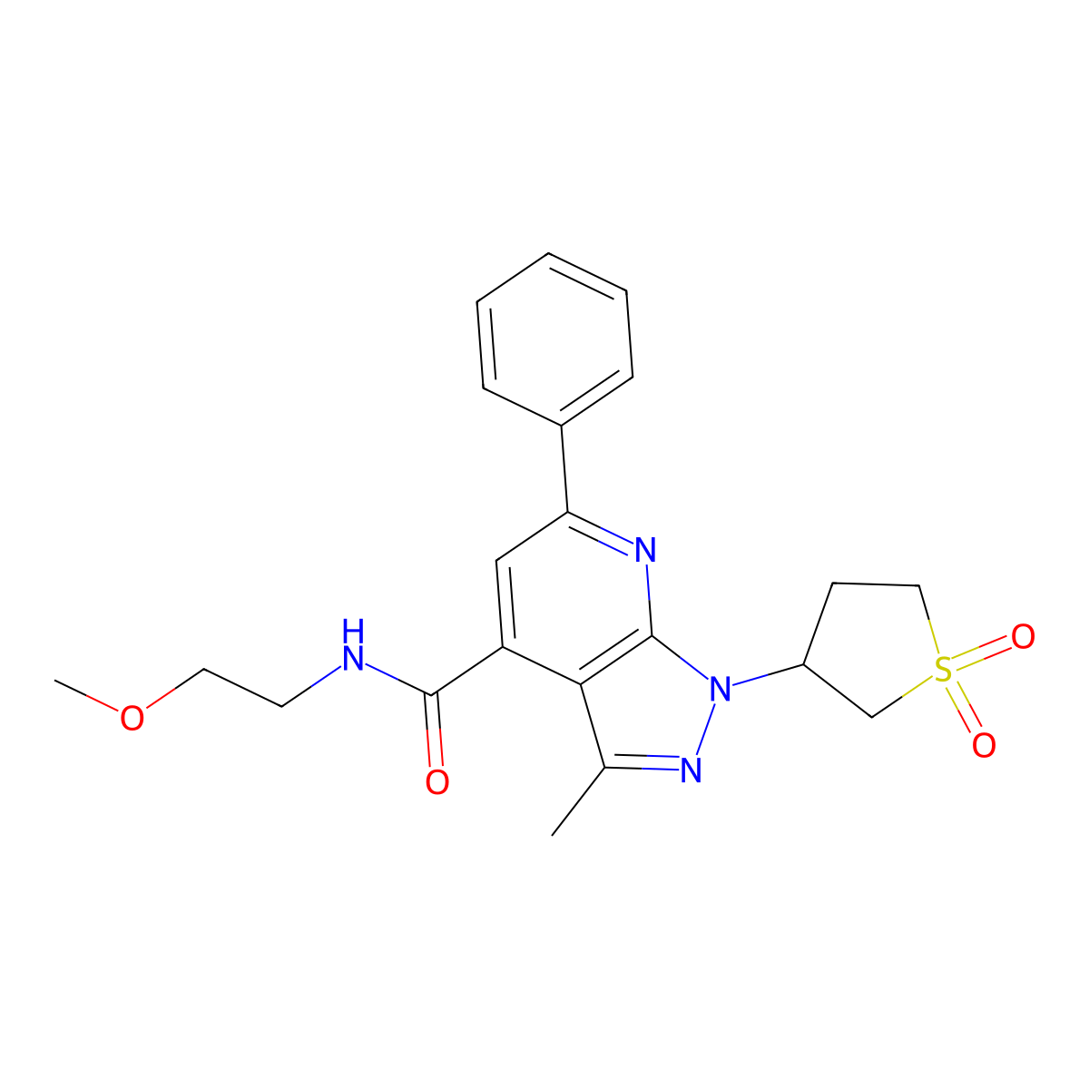 1-(1,1-dioxidotetrahydrothiophen-3-yl)-N-(2-methoxyethyl)-3-methyl-6-phenyl-1H-pyrazolo[3,4-b]pyridine-4-carboxamide molecular structure, CAS 1021119-15-2