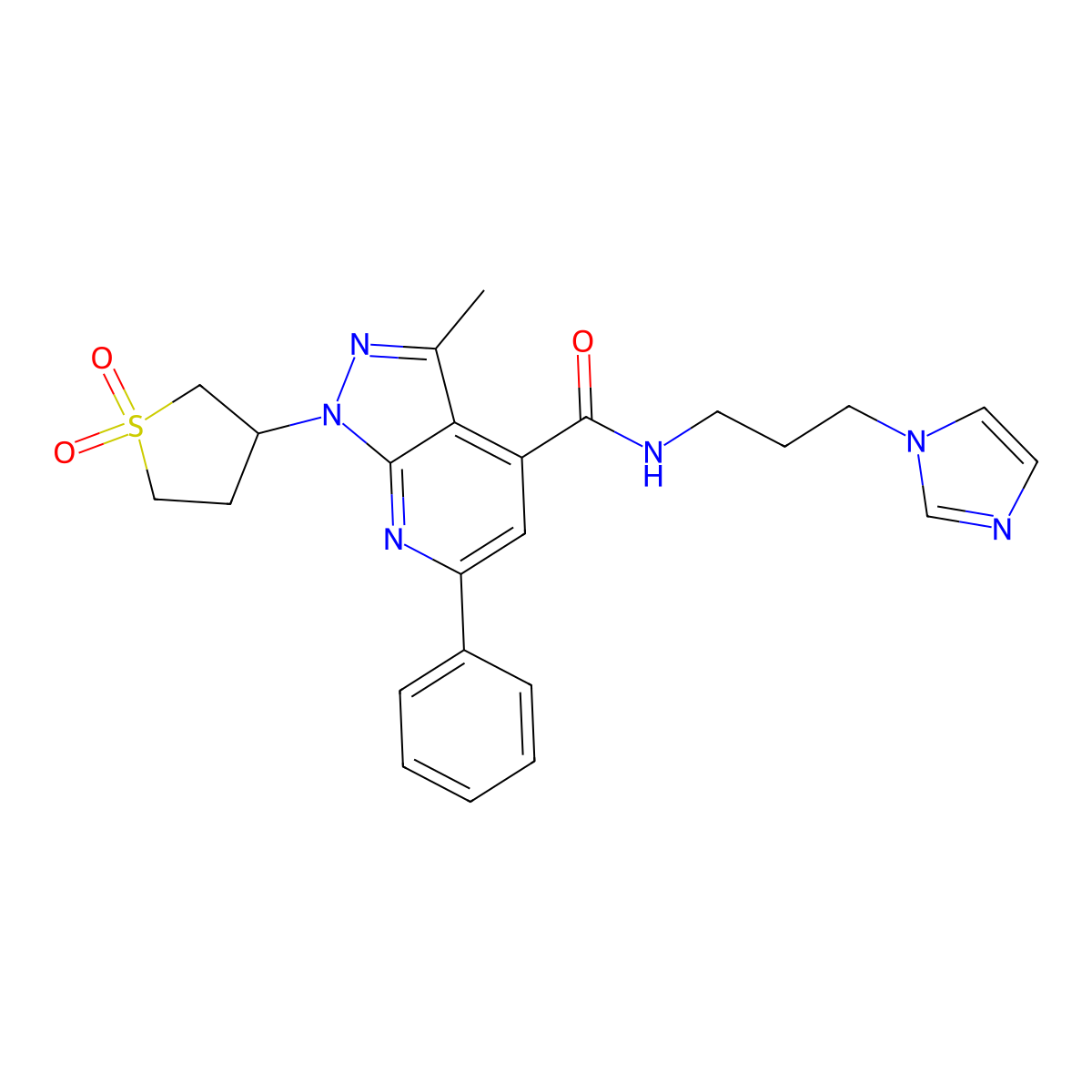N-(3-(1H-imidazol-1-yl)propyl)-1-(1,1-dioxidotetrahydrothiophen-3-yl)-3-methyl-6-phenyl-1H-pyrazolo[3,4-b]pyridine-4-carboxamide molecular structure, CAS 1021119-23-2