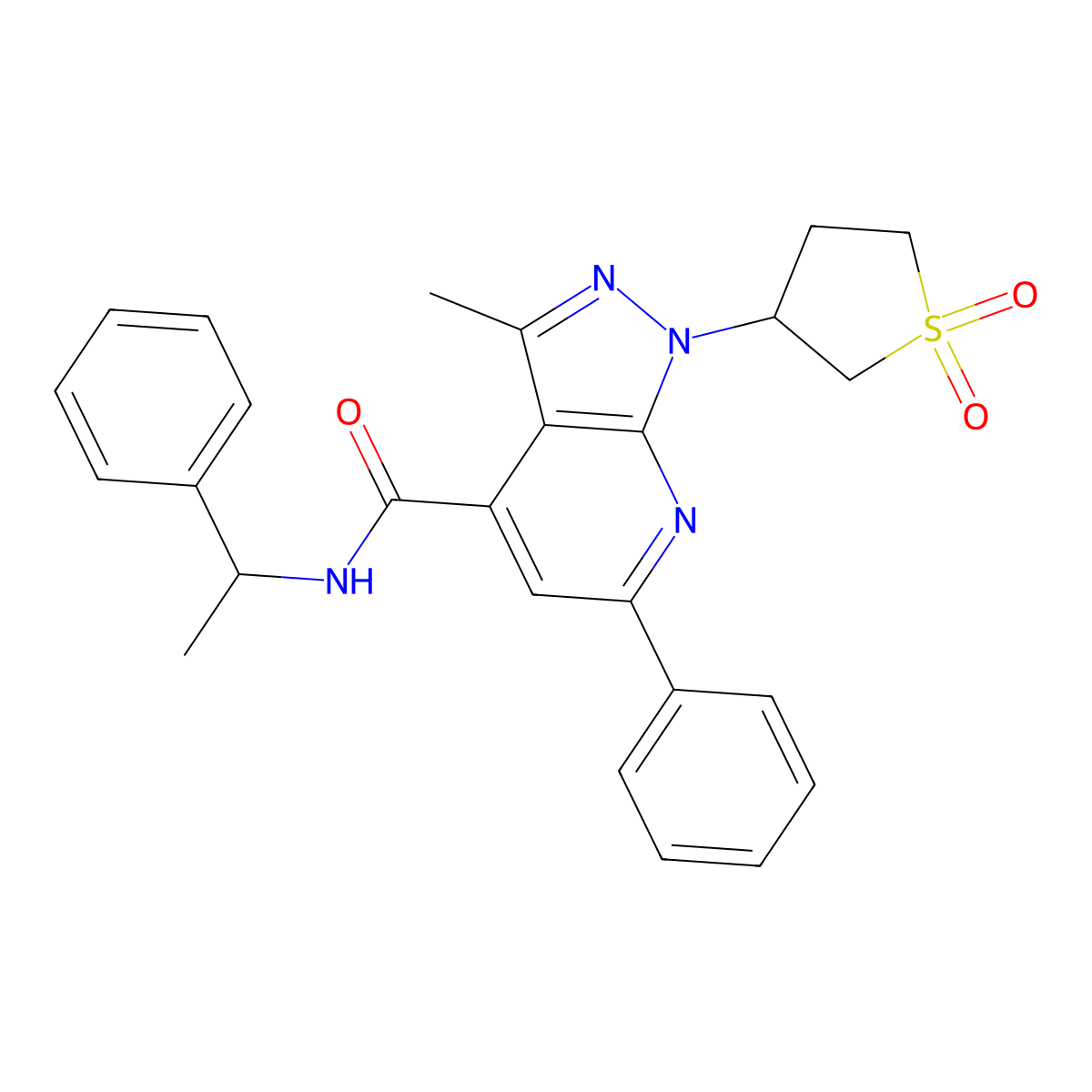 1-(1,1-dioxidotetrahydrothiophen-3-yl)-3-methyl-6-phenyl-N-(1-phenylethyl)-1H-pyrazolo[3,4-b]pyridine-4-carboxamide molecular structure, CAS 1021119-27-6