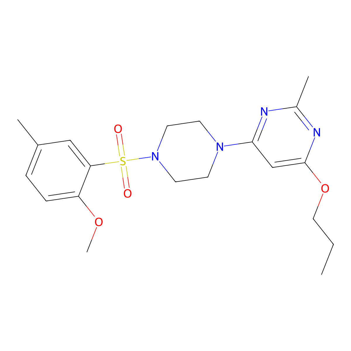 4-(4-((2-Methoxy-5-methylphenyl)sulfonyl)piperazin-1-yl)-2-methyl-6-propoxypyrimidine molecular structure, CAS 1021119-45-8