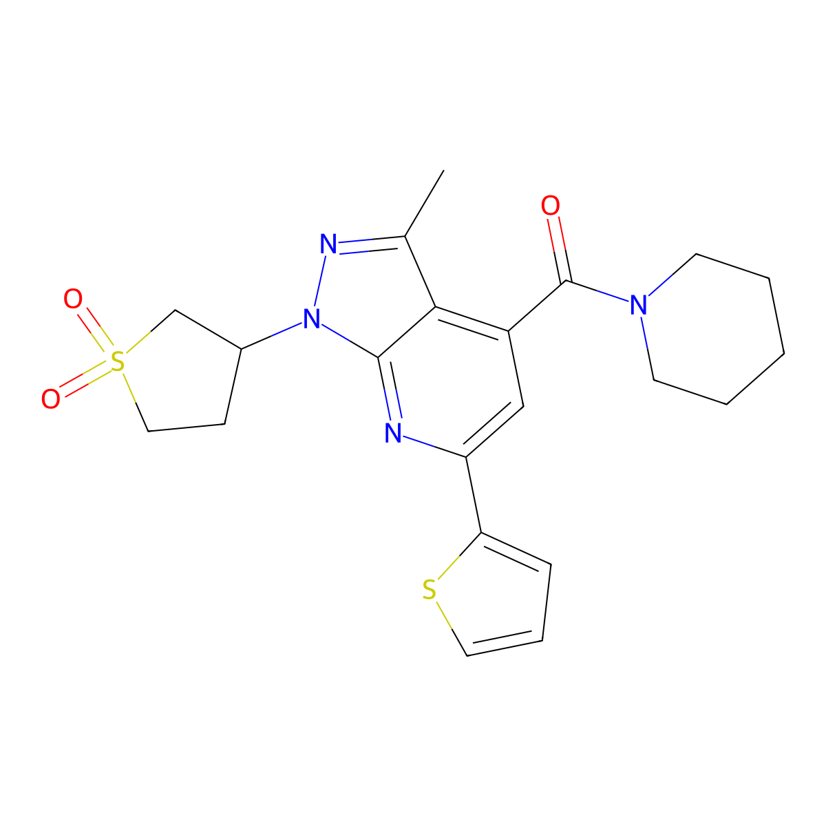 (1-(1,1-dioxidotetrahydrothiophen-3-yl)-3-methyl-6-(thiophen-2-yl)-1H-pyrazolo[3,4-b]pyridin-4-yl)(piperidin-1-yl)methanone molecular structure, CAS 1021119-47-0