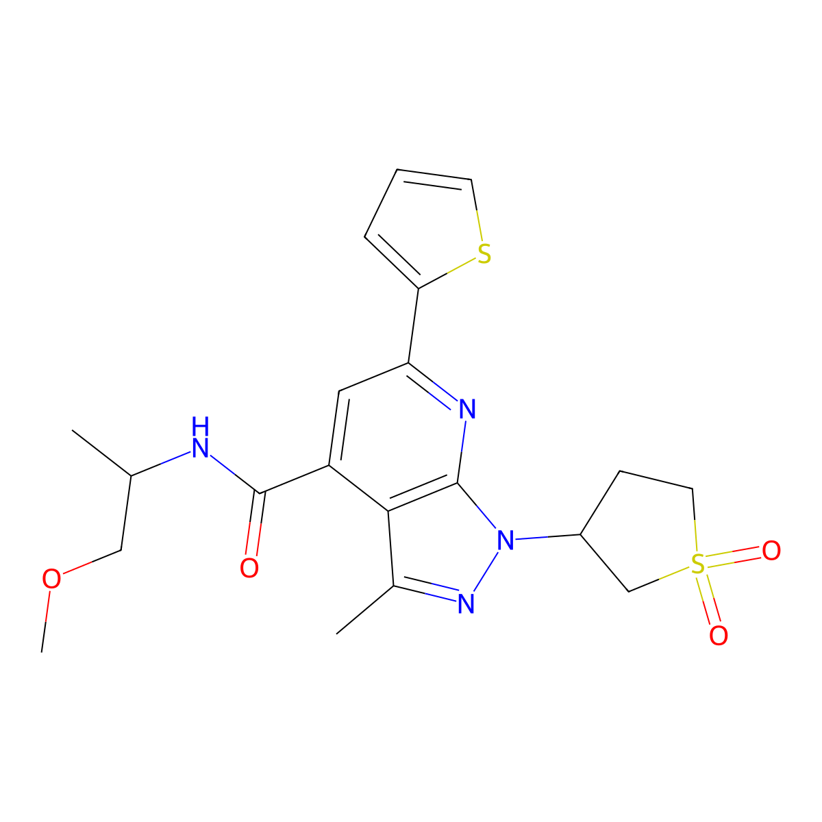 1-(1,1-dioxidotetrahydrothiophen-3-yl)-N-(1-methoxypropan-2-yl)-3-methyl-6-(thiophen-2-yl)-1H-pyrazolo[3,4-b]pyridine-4-carboxamide molecular structure, CAS 1021119-54-9