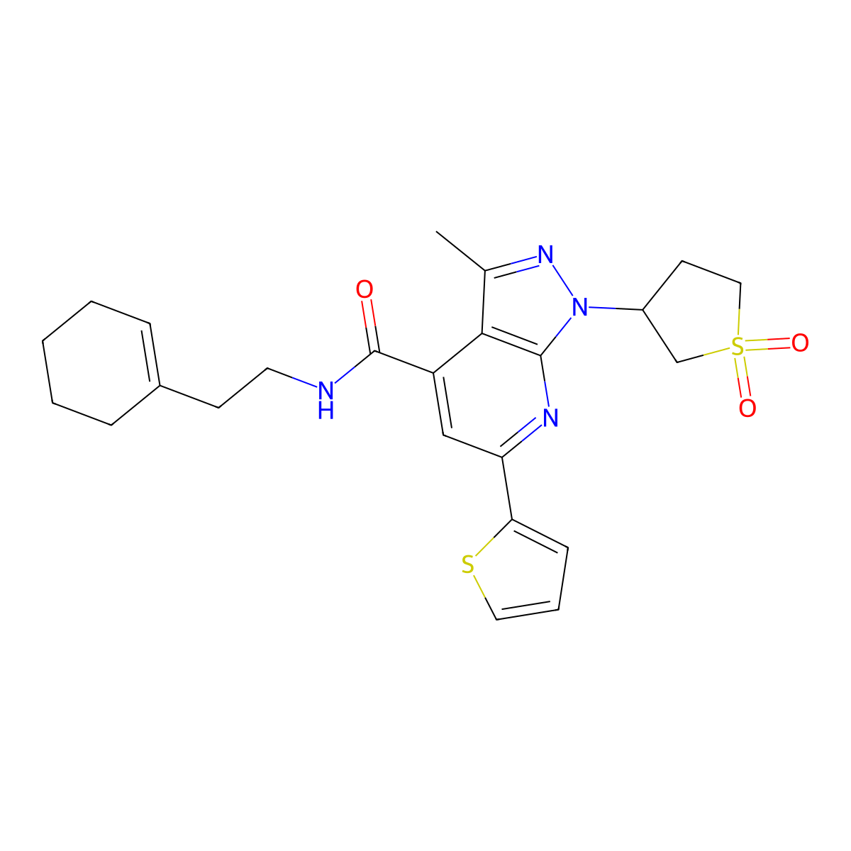 N-(2-(cyclohex-1-en-1-yl)ethyl)-1-(1,1-dioxidotetrahydrothiophen-3-yl)-3-methyl-6-(thiophen-2-yl)-1H-pyrazolo[3,4-b]pyridine-4-carboxamide molecular structure, CAS 1021119-57-2