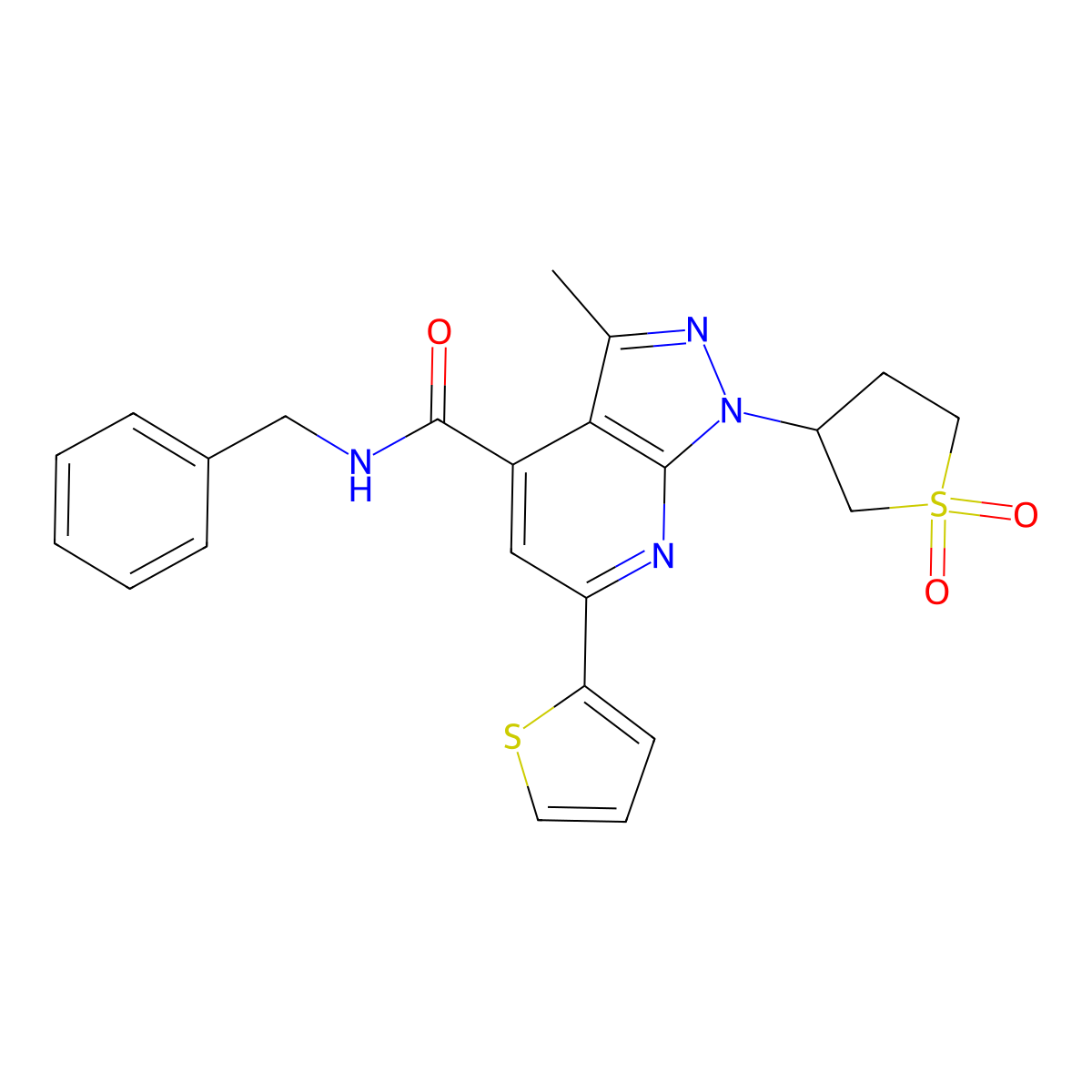 N-benzyl-1-(1,1-dioxidotetrahydrothiophen-3-yl)-3-methyl-6-(thiophen-2-yl)-1H-pyrazolo[3,4-b]pyridine-4-carboxamide molecular structure, CAS 1021119-60-7