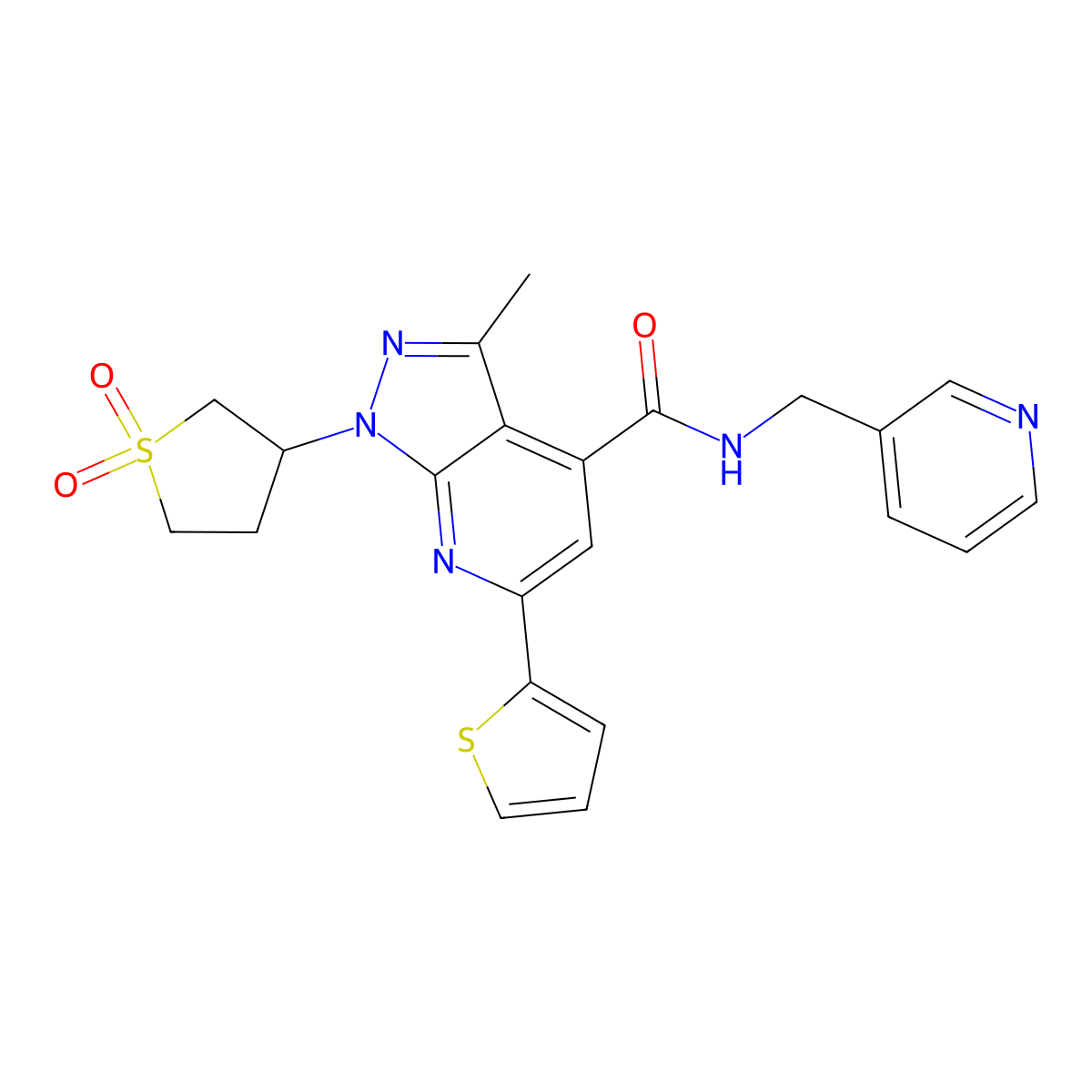 1-(1,1-dioxidotetrahydrothiophen-3-yl)-3-methyl-N-(pyridin-3-ylmethyl)-6-(thiophen-2-yl)-1H-pyrazolo[3,4-b]pyridine-4-carboxamide molecular structure, CAS 1021119-63-0