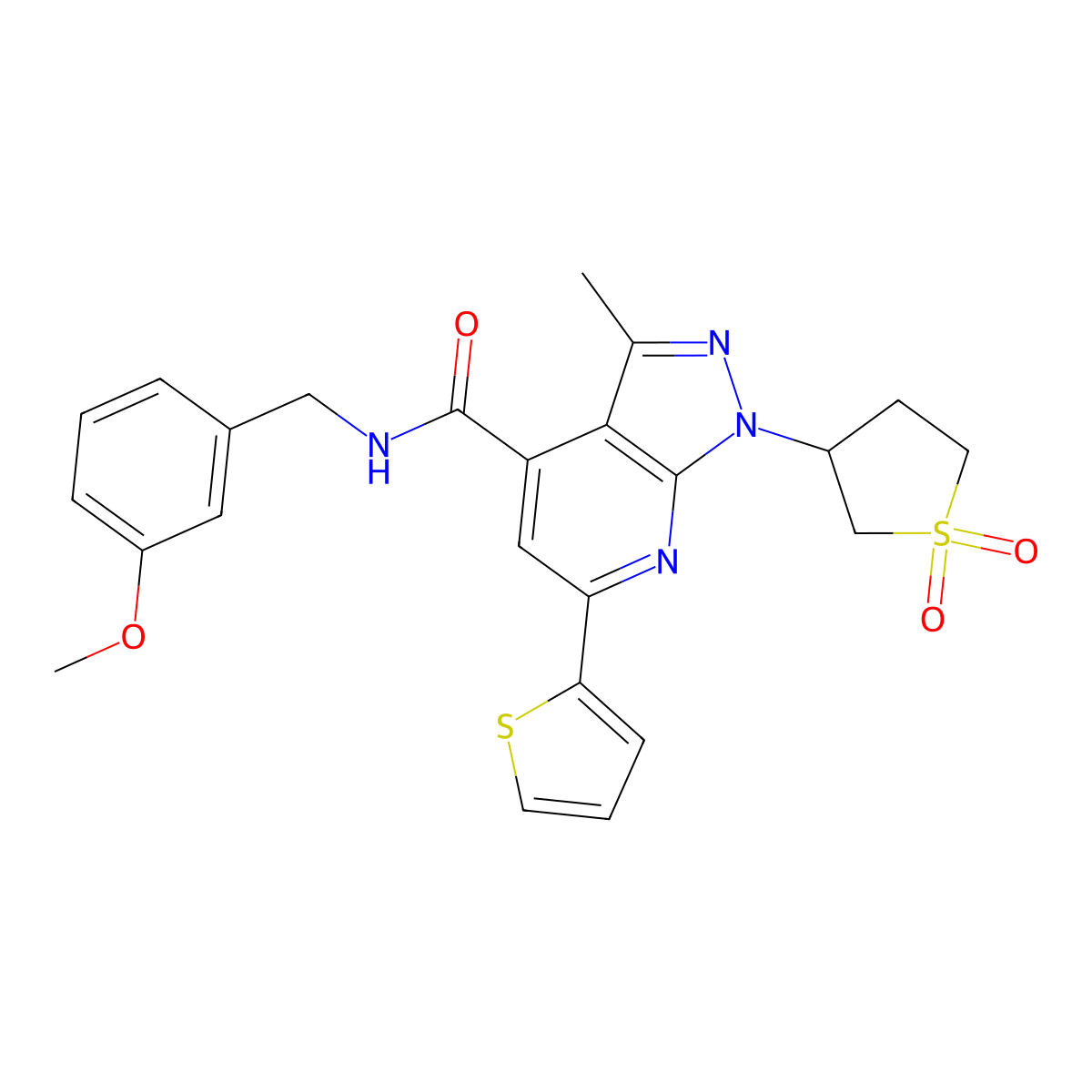 1-(1,1-dioxidotetrahydrothiophen-3-yl)-N-(3-methoxybenzyl)-3-methyl-6-(thiophen-2-yl)-1H-pyrazolo[3,4-b]pyridine-4-carboxamide molecular structure, CAS 1021119-69-6