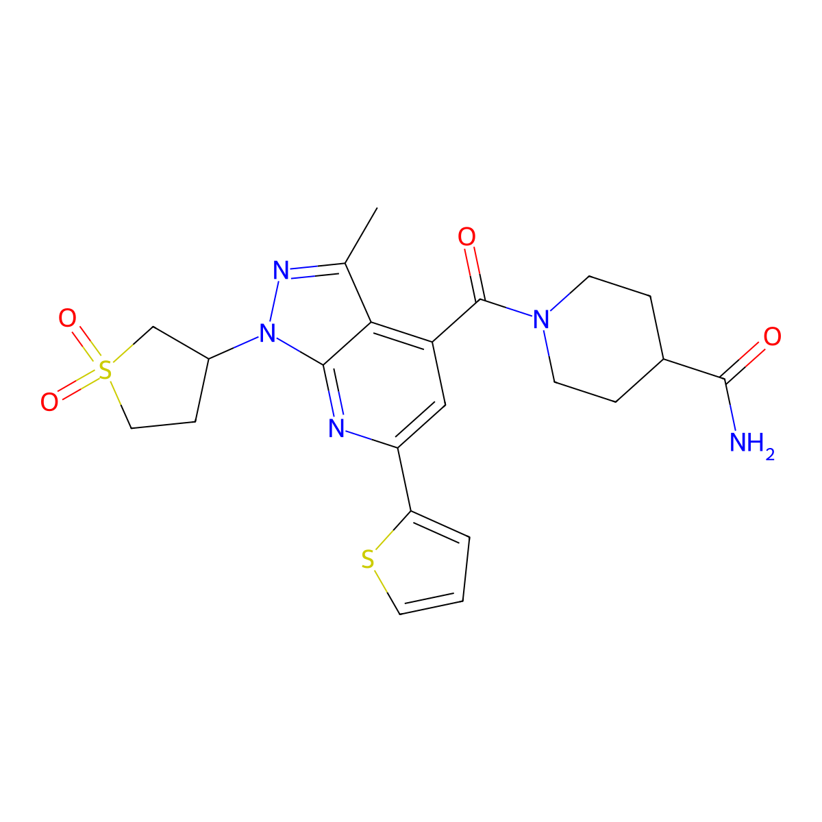 1-(1-(1,1-dioxidotetrahydrothiophen-3-yl)-3-methyl-6-(thiophen-2-yl)-1H-pyrazolo[3,4-b]pyridine-4-carbonyl)piperidine-4-carboxamide molecular structure, CAS 1021119-72-1