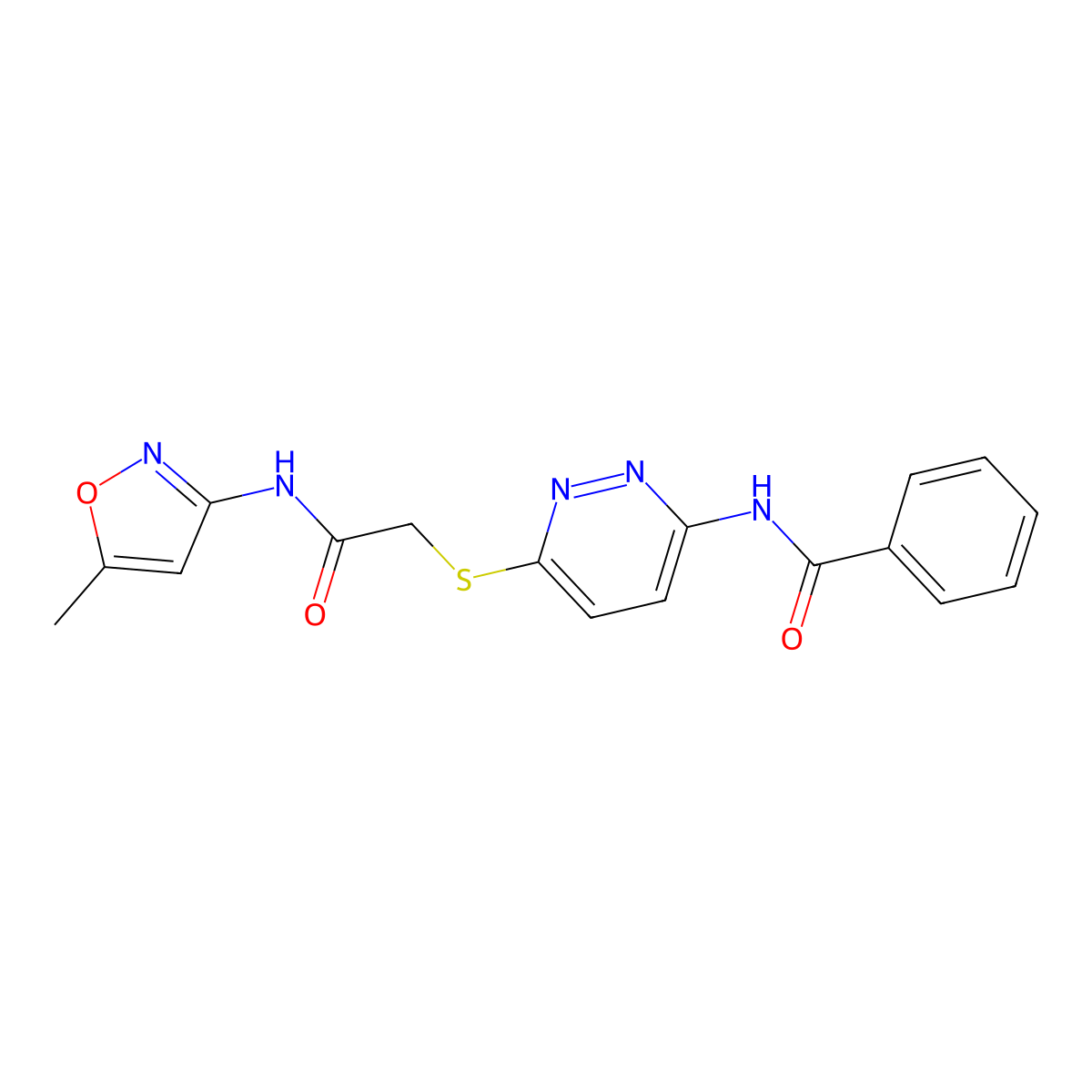 N-(6-((2-((5-methylisoxazol-3-yl)amino)-2-oxoethyl)thio)pyridazin-3-yl)benzamide molecular structure, CAS 1021119-97-0