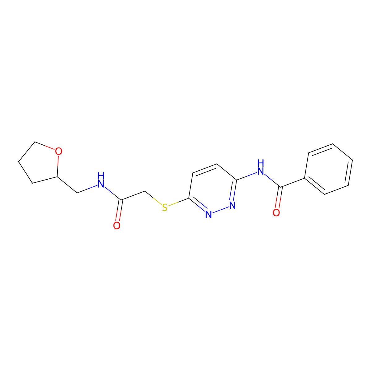 N-(6-((2-oxo-2-(((tetrahydrofuran-2-yl)methyl)amino)ethyl)thio)pyridazin-3-yl)benzamide molecular structure, CAS 1021120-01-3