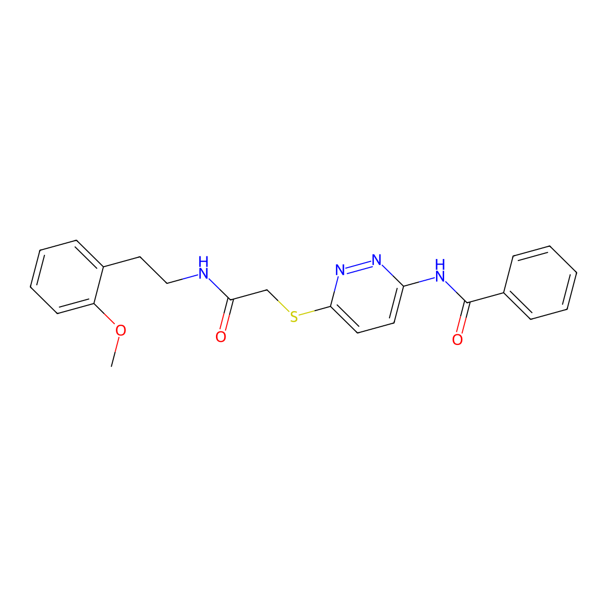 N-(6-((2-((2-methoxyphenethyl)amino)-2-oxoethyl)thio)pyridazin-3-yl)benzamide molecular structure, CAS 1021120-03-5