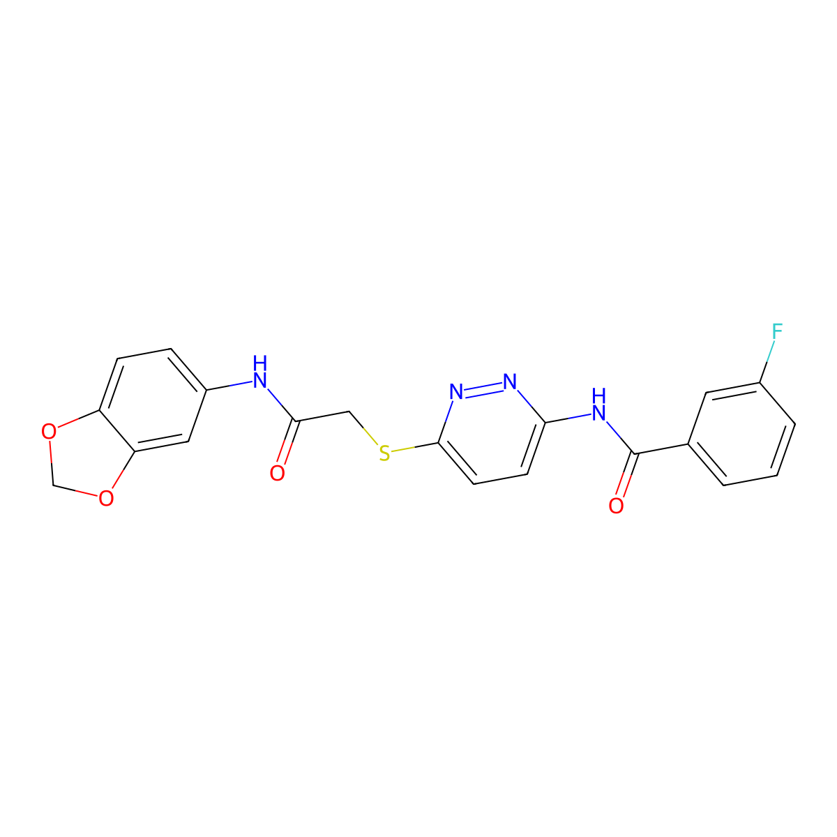 N-(6-((2-(benzo[d][1,3]dioxol-5-ylamino)-2-oxoethyl)thio)pyridazin-3-yl)-3-fluorobenzamide molecular structure, CAS 1021120-10-4