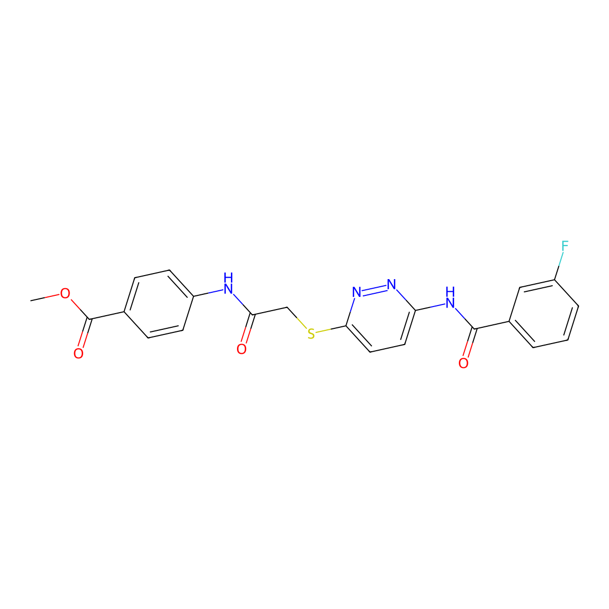 Methyl 4-(2-((6-(3-fluorobenzamido)pyridazin-3-yl)thio)acetamido)benzoate molecular structure, CAS 1021120-11-5