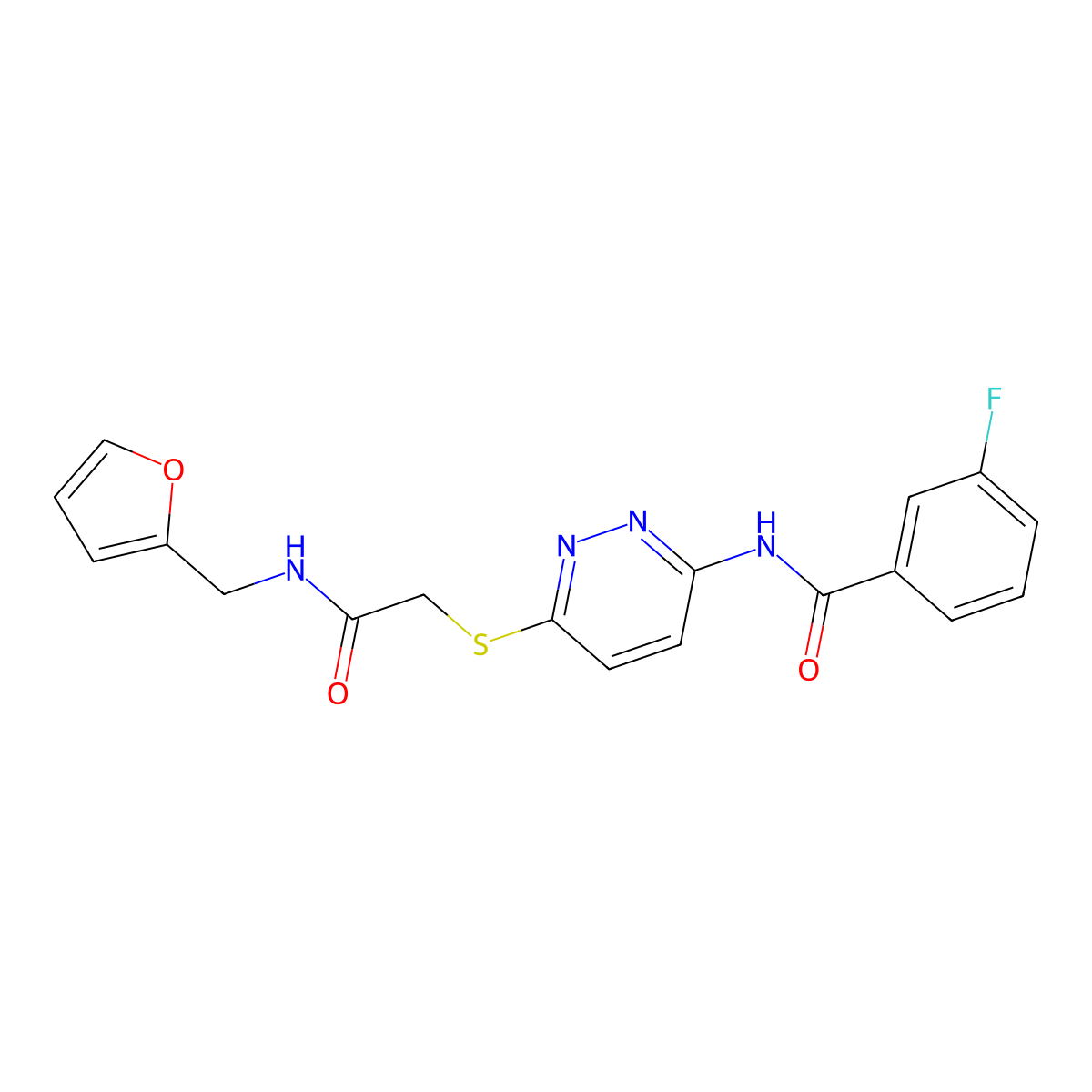 3-fluoro-N-(6-((2-((furan-2-ylmethyl)amino)-2-oxoethyl)thio)pyridazin-3-yl)benzamide molecular structure, CAS 1021120-13-7
