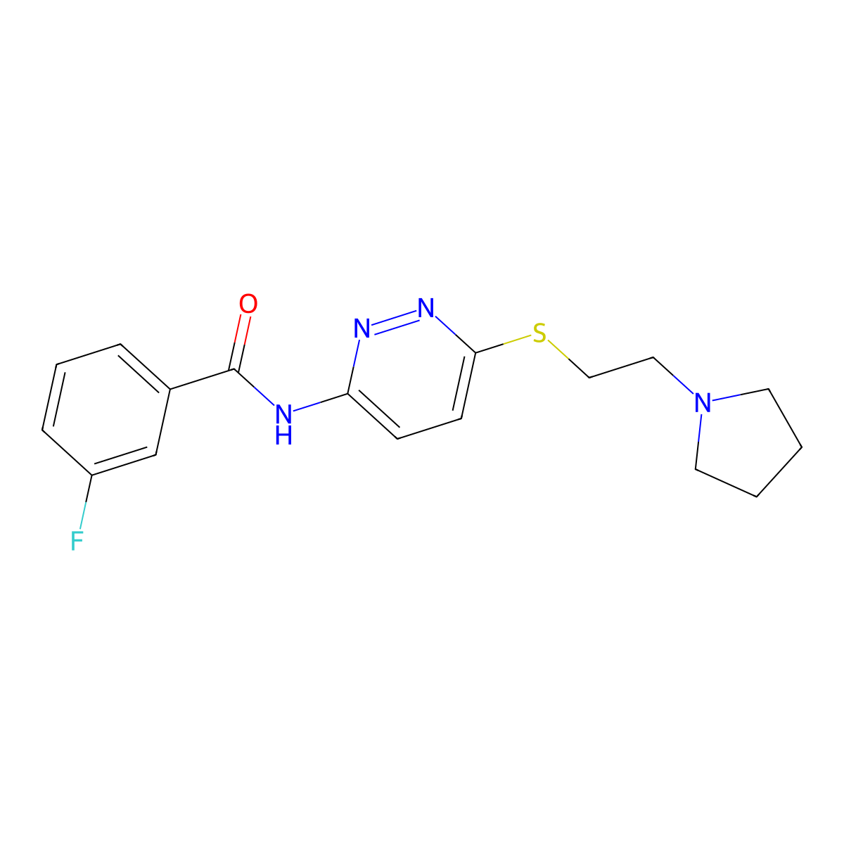 3-fluoro-N-(6-((2-(pyrrolidin-1-yl)ethyl)thio)pyridazin-3-yl)benzamide molecular structure, CAS 1021120-25-1